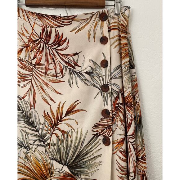 Primark Size 8 Brown Tan Palm Leaves Print Side Slit Button Midi Skirt Vintage - Picture 2 of 9
